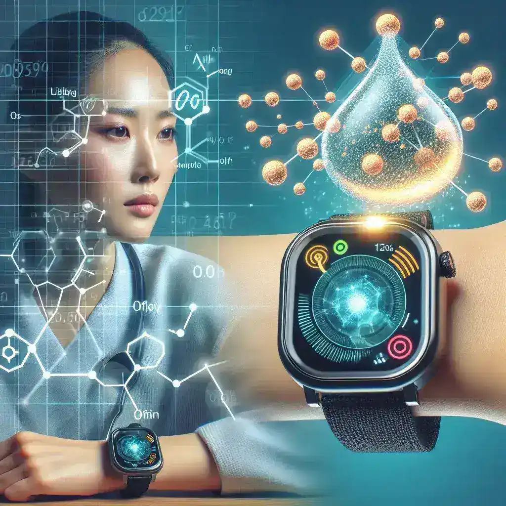 "AI powered wearable device displaying stress level data through cortisol monitoring, highlighting the technology's innovative approach to health management and stress detection."